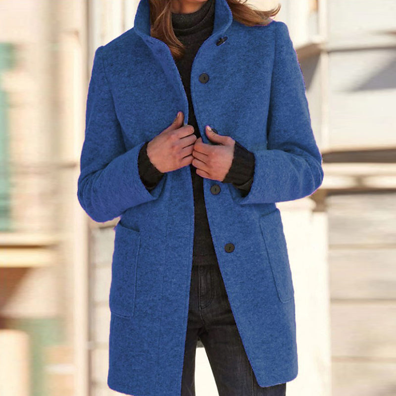 Langer Wintermantel Damen Modern Wollmischung mit Stehkragen und Taschen 3