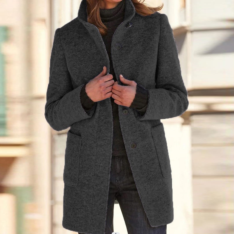 Langer Wintermantel Damen Modern Wollmischung mit Stehkragen und Taschen 6