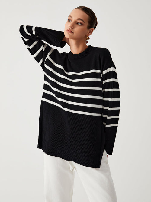 Damen-gestreifter Strickpullover, lässige Silhouette, weiche Acrylmischung-1