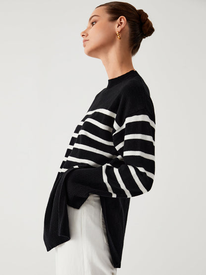 Damen-gestreifter Strickpullover, lässige Silhouette, weiche Acrylmischung-3