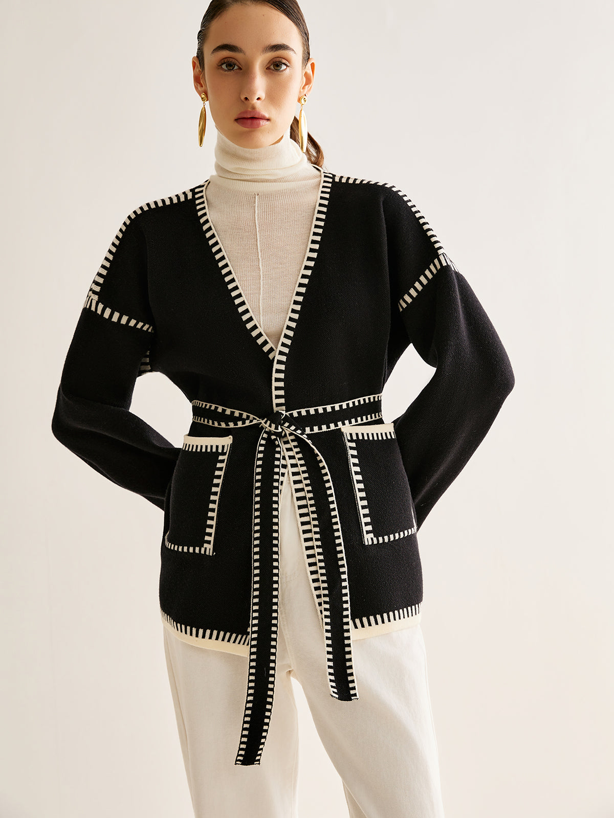 Damen-Cardigan, mit Gürtel, Jersey-Mix, normale Passform-4