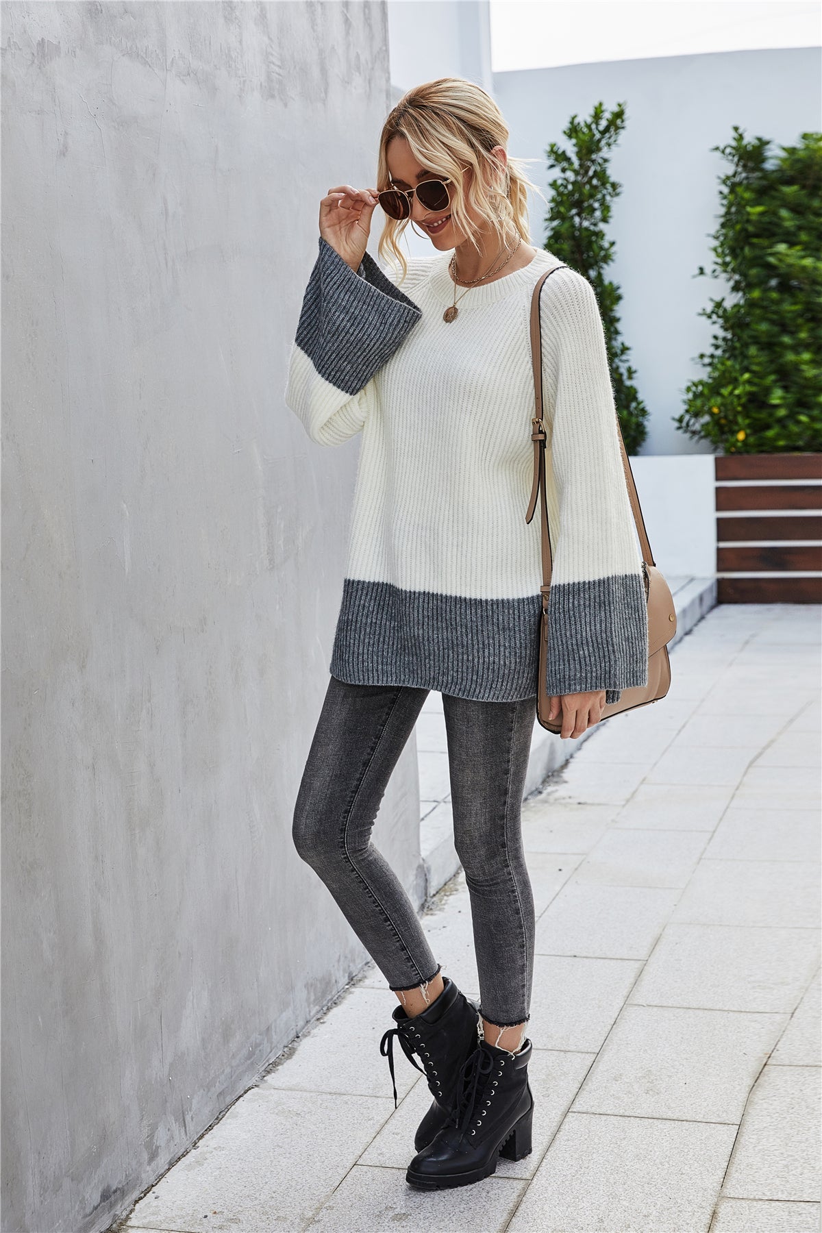 Damenpullover lange Ärmel Patchwork Polyester-6