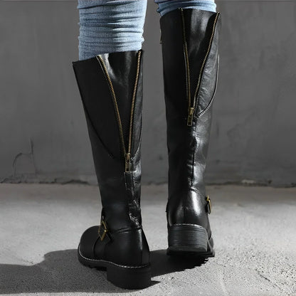 Damen-Stiefel, hoch, elegantes Synthetikleder, mit Metallschließe-2