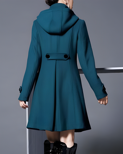Schwarzer Wintermantel für Damen aus Wollmischung mit Seitentaschen und verstellbaren Details 3