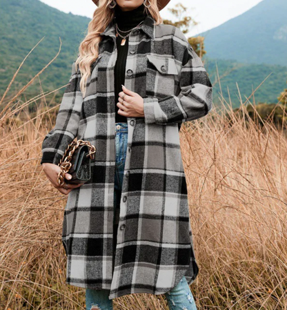 Damen-langer Mantel, Hemdblusen-Stil, Wollmix-4