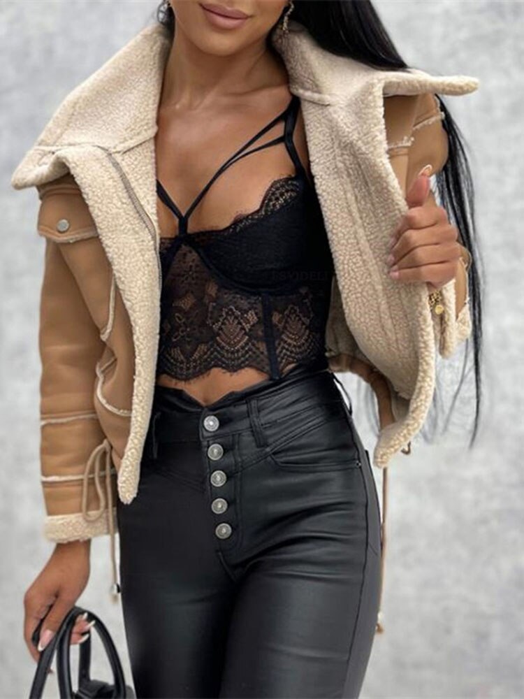 Damen-Leder-Bikerjacke, Biker, Sherpa-Futter-3
