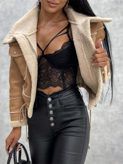 Damen-Leder-Bikerjacke, Biker, Sherpa-Futter-3