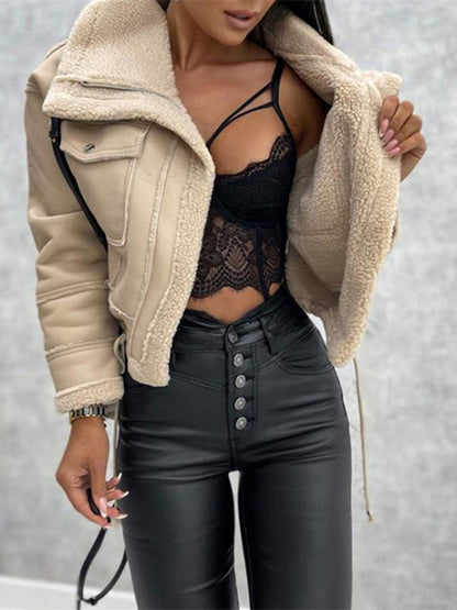 Damen-Leder-Bikerjacke, Biker, Sherpa-Futter-6