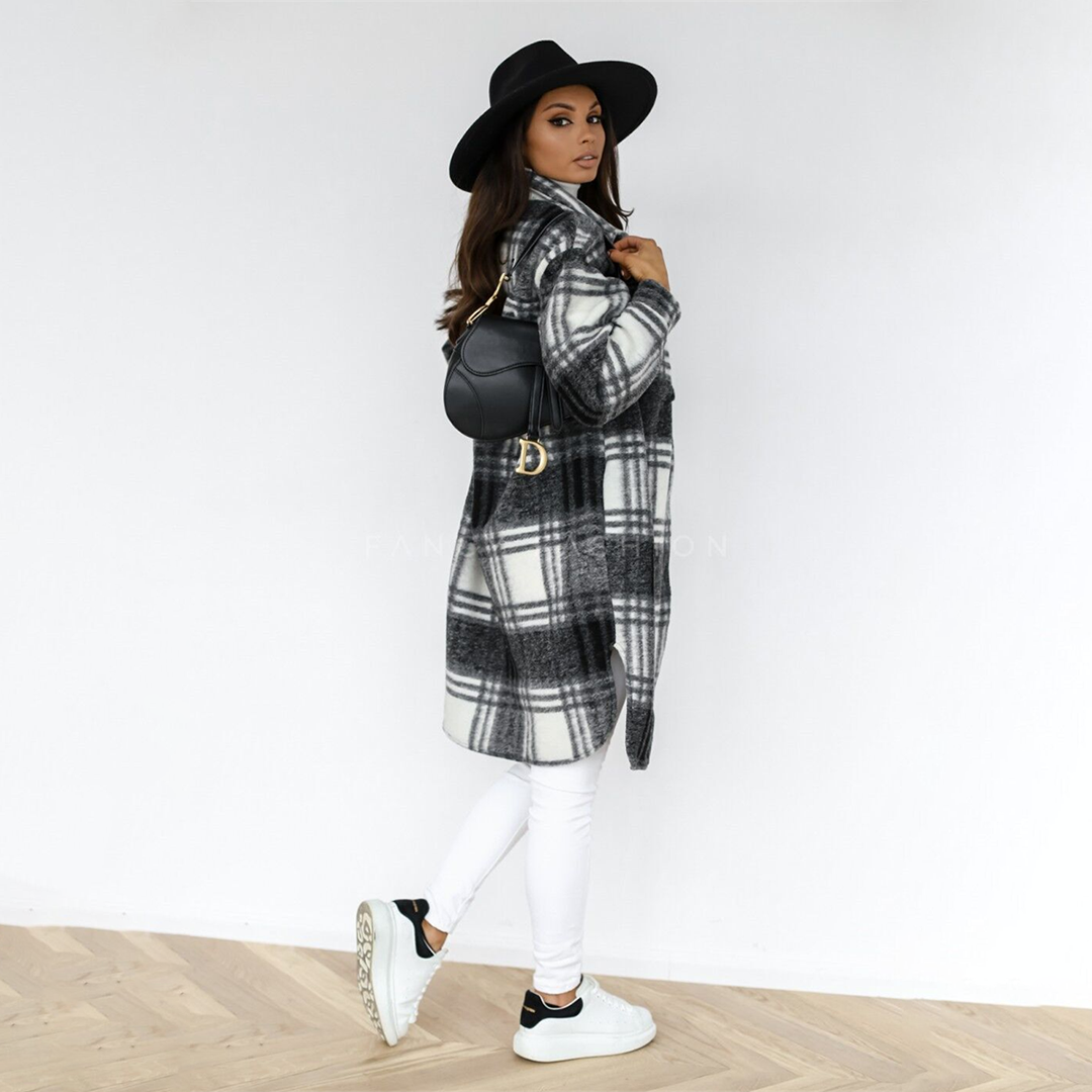 Damen-langer Mantel, kariertes Polyester-2