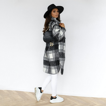 Damen-langer Mantel, kariertes Polyester-2