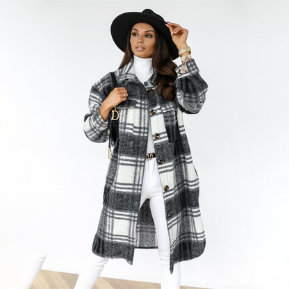 Damen-langer Mantel, kariertes Polyester-3