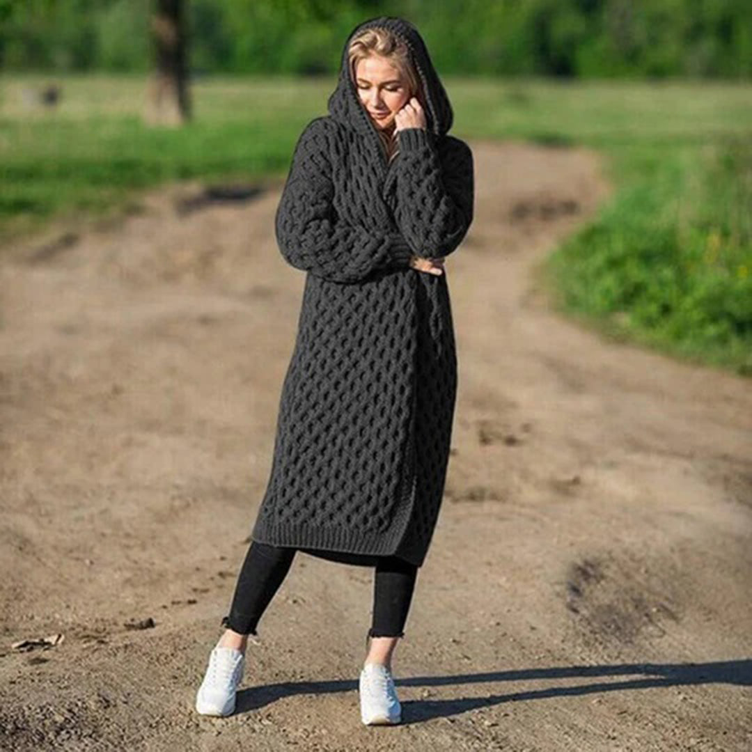 Lange Strickjacke für Damen Kapuze und Strukturiertes Muster aus Polyester 1