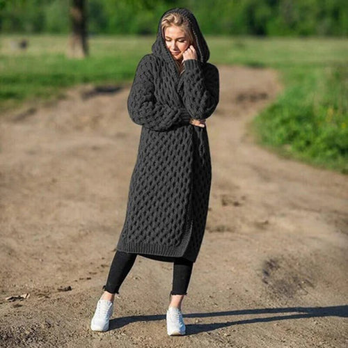 Lange Strickjacke für Damen Kapuze und Strukturiertes Muster aus Polyester 1