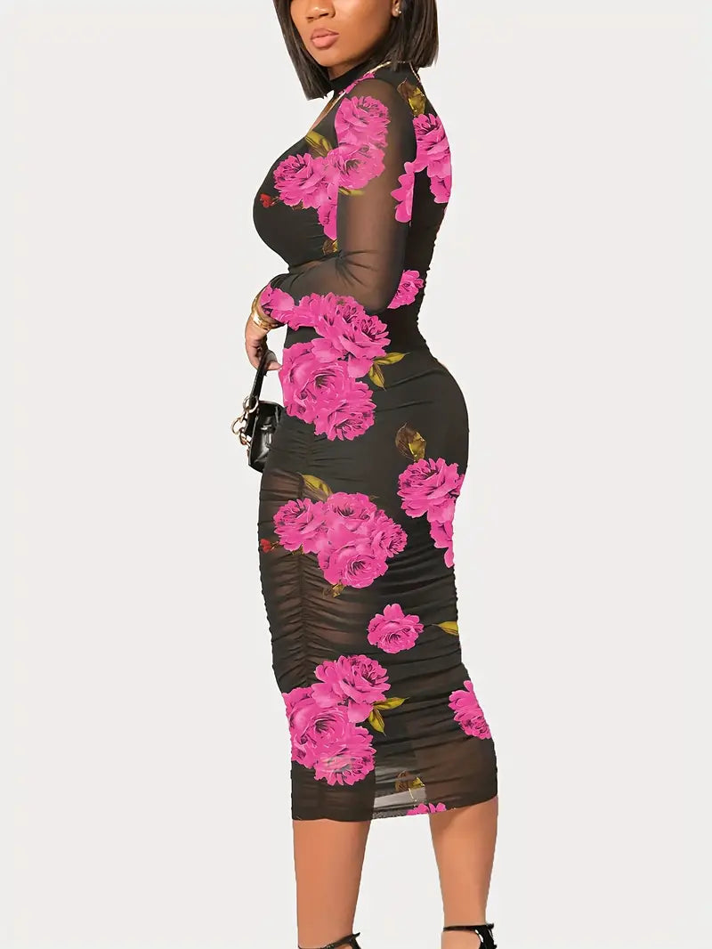 Damen-Strandkleid, geblümtes Netzmaterial, eleganter Sommerstil-5