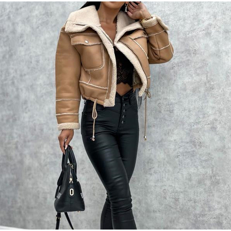 Damen-Leder-Bikerjacke, Biker, Sherpa-Futter-4
