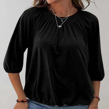 Weiße Damenbluse Puffärmel Gesmokter Ausschnitt Polyester-1