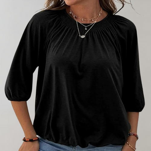 Weiße Damenbluse Puffärmel Gesmokter Ausschnitt Polyester-1