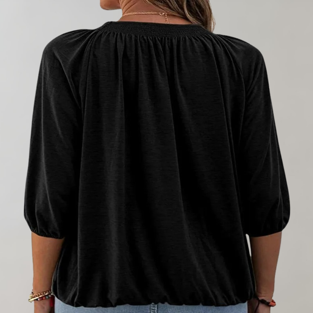 Weiße Damenbluse Puffärmel Gesmokter Ausschnitt Polyester-2