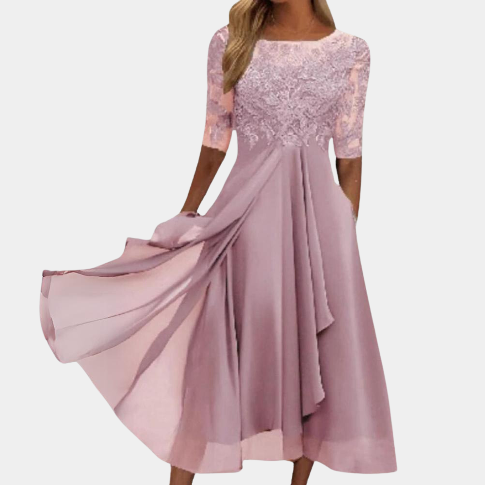 Damen-Midikleid, Spitze, Chiffon, elegantes Design-4