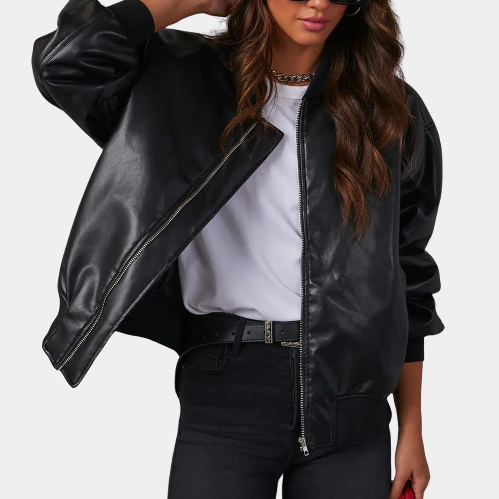 Langer Wintermantel Damen Leder Baseball-Stil für kalte Tage-3