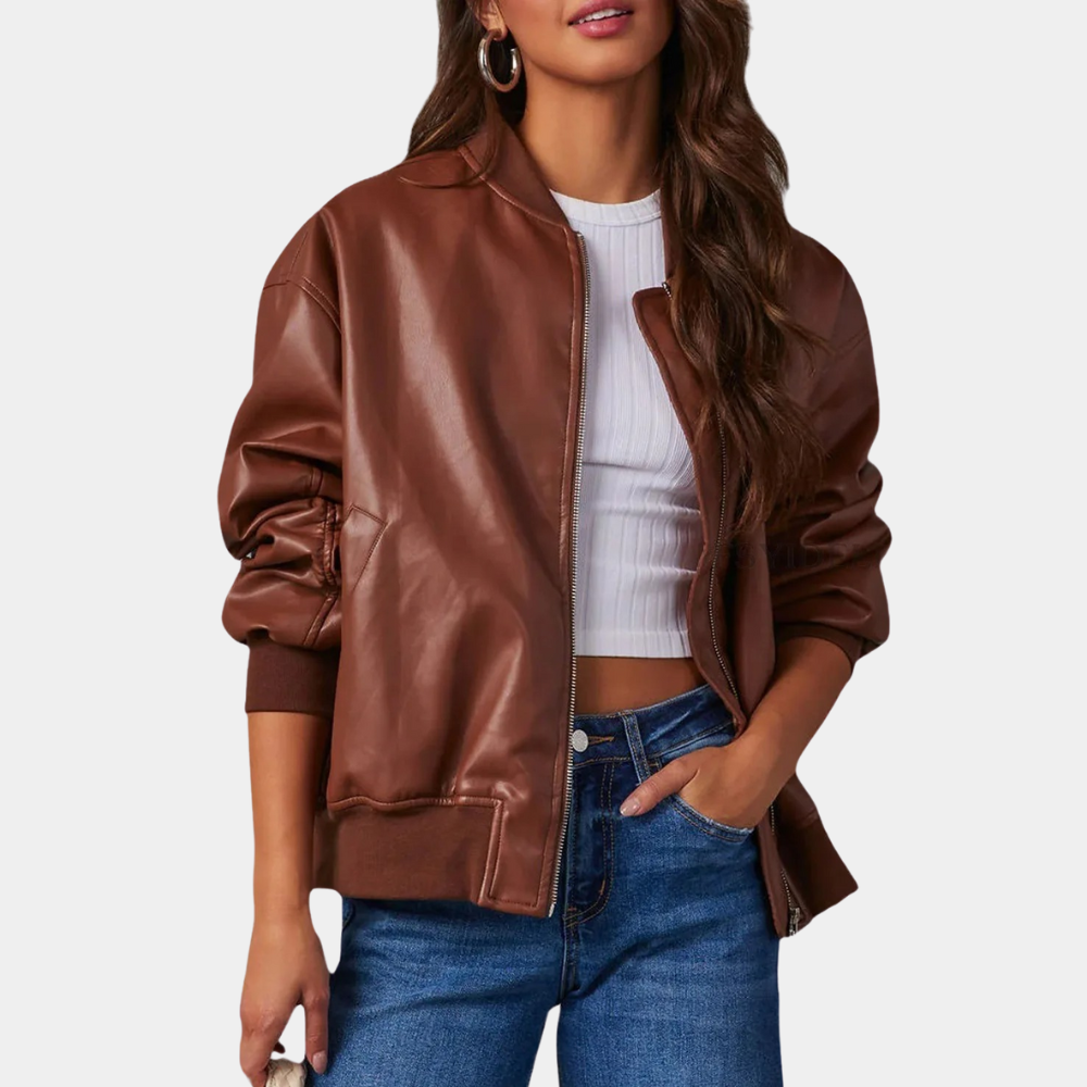 Langer Wintermantel Damen Leder Baseball-Stil für kalte Tage-4