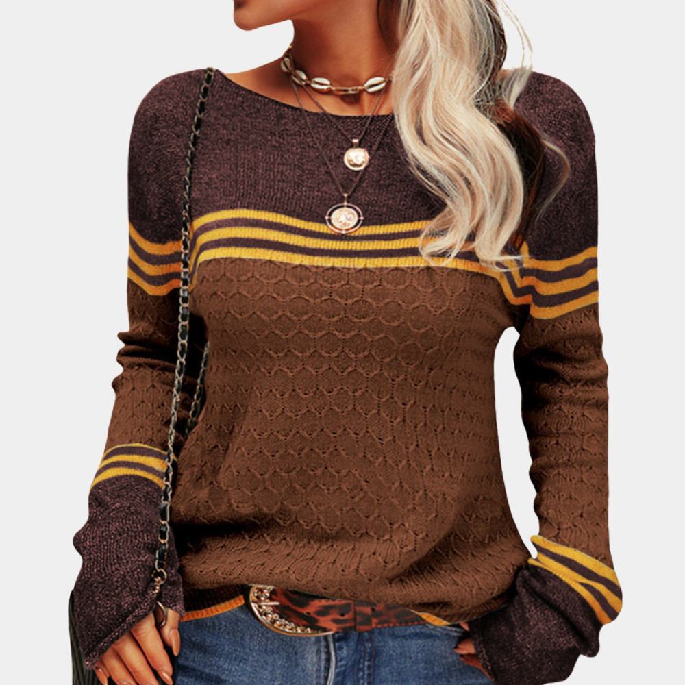 Damen-gestreifter Pullover, Farbblock, weiche Mischung-5