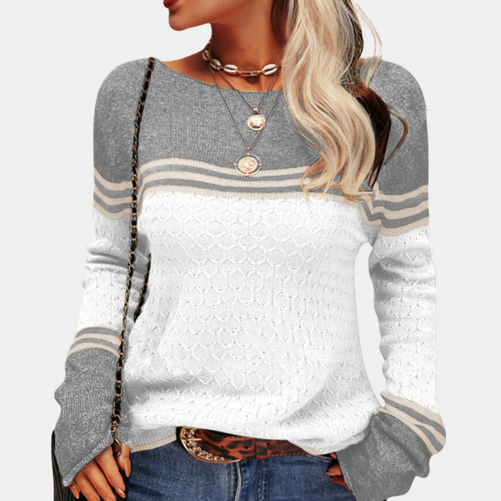 Damen-gestreifter Pullover, Farbblock, weiche Mischung-2