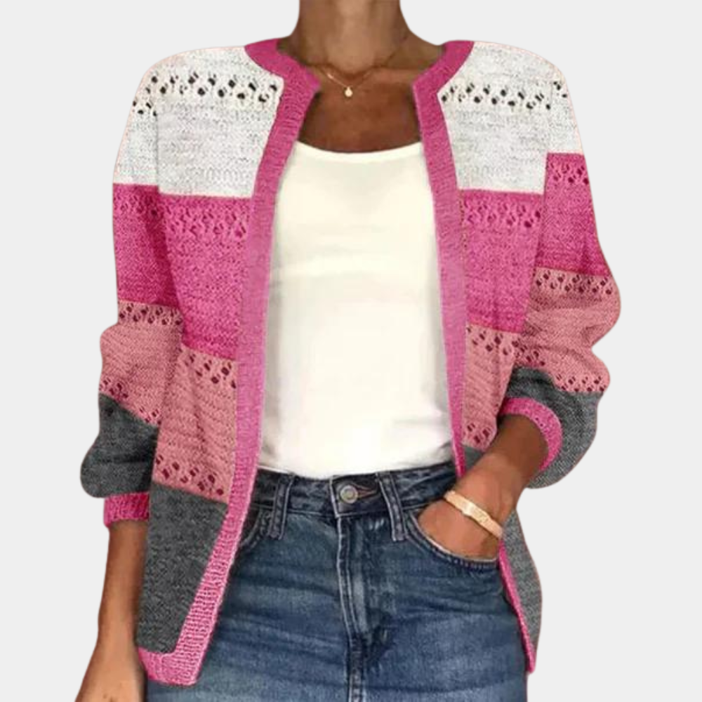 Damen-Cardigan, Farbblock, gehäkeltes Acryl-3