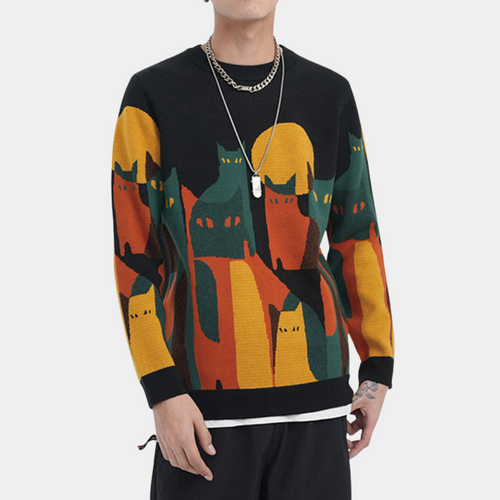 Damen-Strickpullover, mit Katzenprint aus weich und atmungsaktivem Gewebe-1