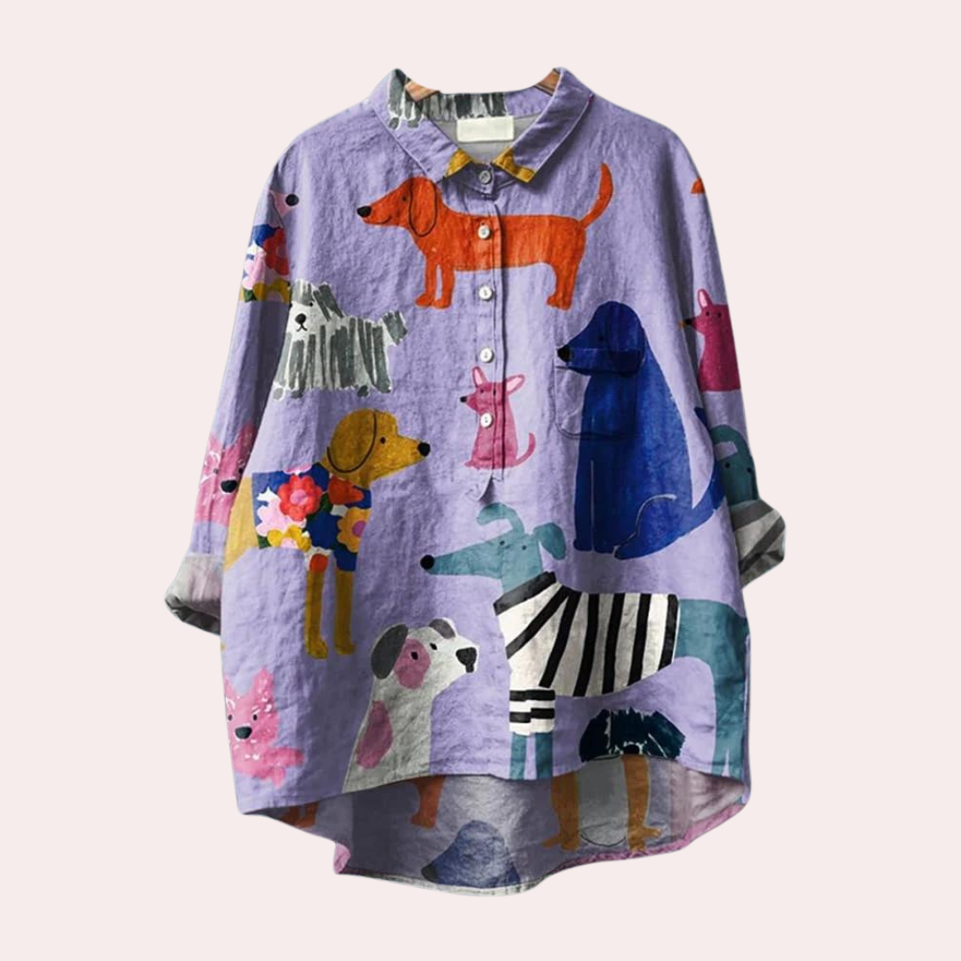 Damen-Lässiges Hemd, Hunde-Print, weiche Baumwolle 3