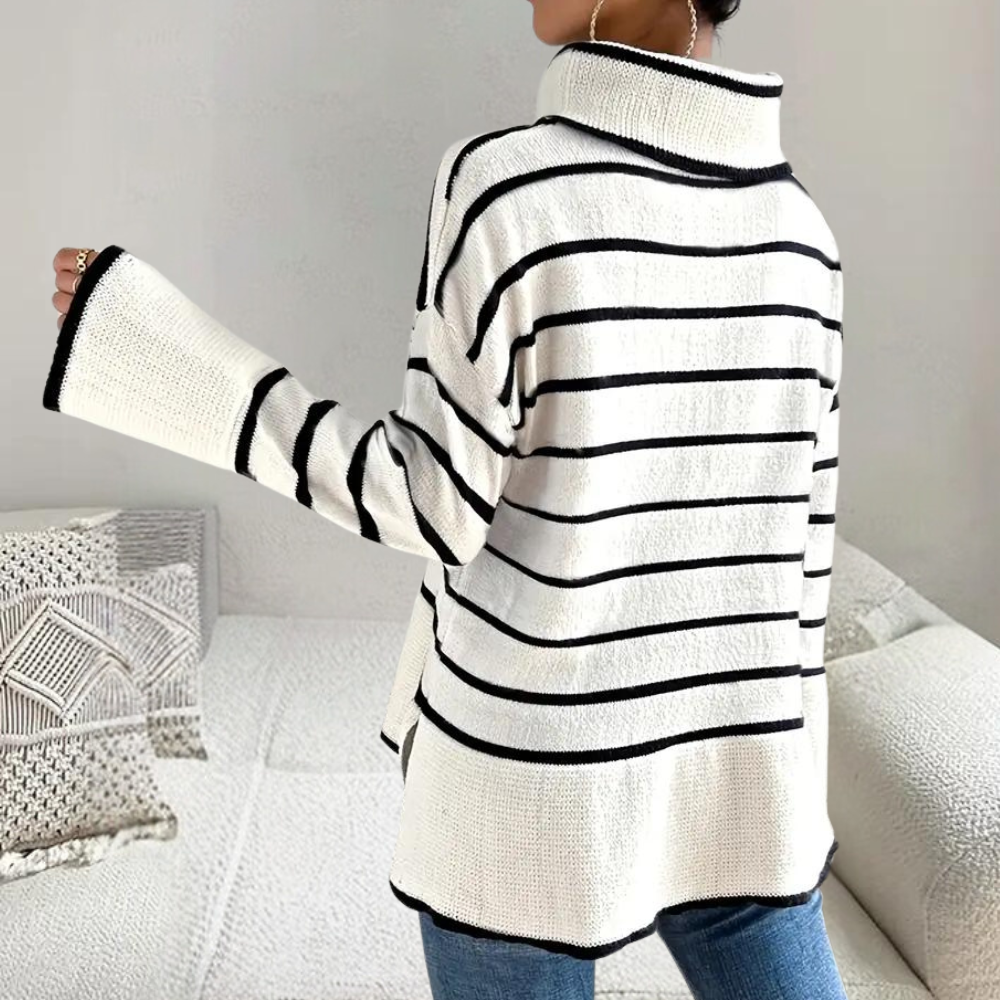 Damen-Rollkragenpullover, gestreift, weiche Stoffe-3