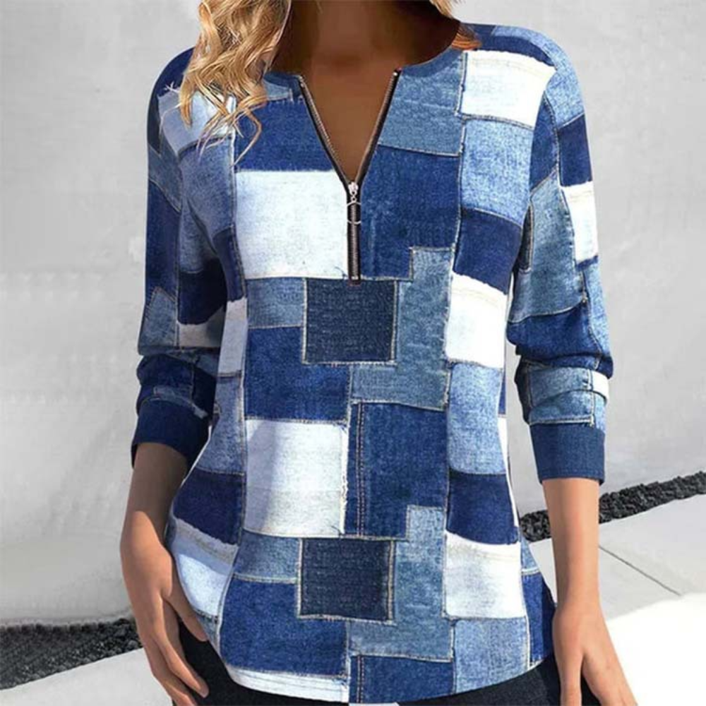 Variant image for Damen-Pullover, Halbreißverschluss, geometrisches Muster, gestrickt, weiche Faser-1