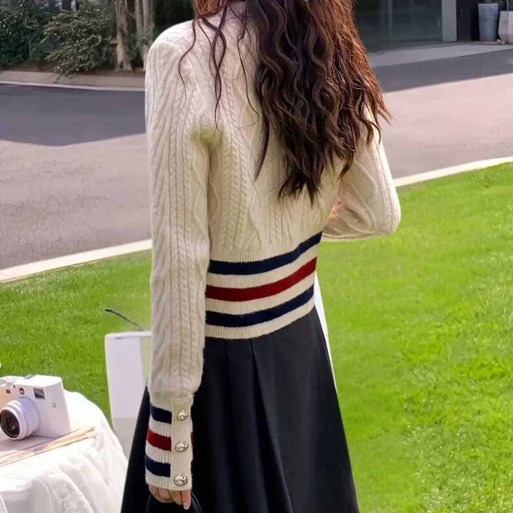 Damen V-Ausschnitt Cardigan Gestreift Gestrickt mit Knopfdesign-3