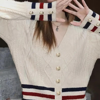 Damen V-Ausschnitt Cardigan Gestreift Gestrickt mit Knopfdesign-5