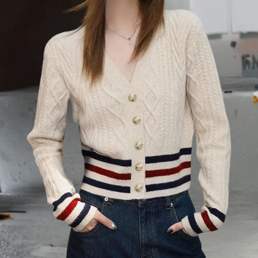 Damen V-Ausschnitt Cardigan Gestreift Gestrickt mit Knopfdesign-2