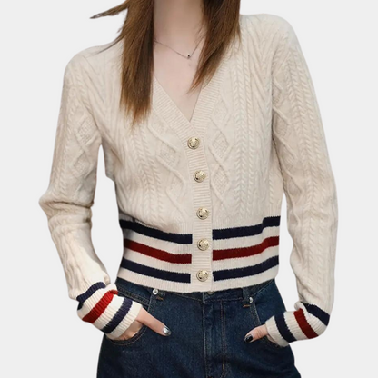 Damen V-Ausschnitt Cardigan Gestreift Gestrickt mit Knopfdesign-6
