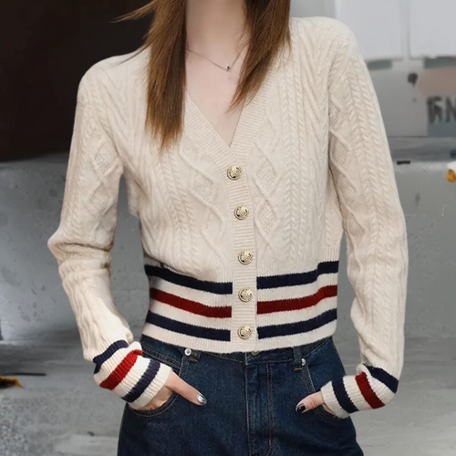 Damen V-Ausschnitt Cardigan Gestreift Gestrickt mit Knopfdesign-1