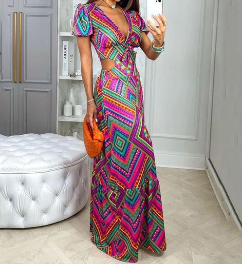Damen-Kleid, V-Ausschnitt, kurze Puffärmel, leichte Stoffe-2