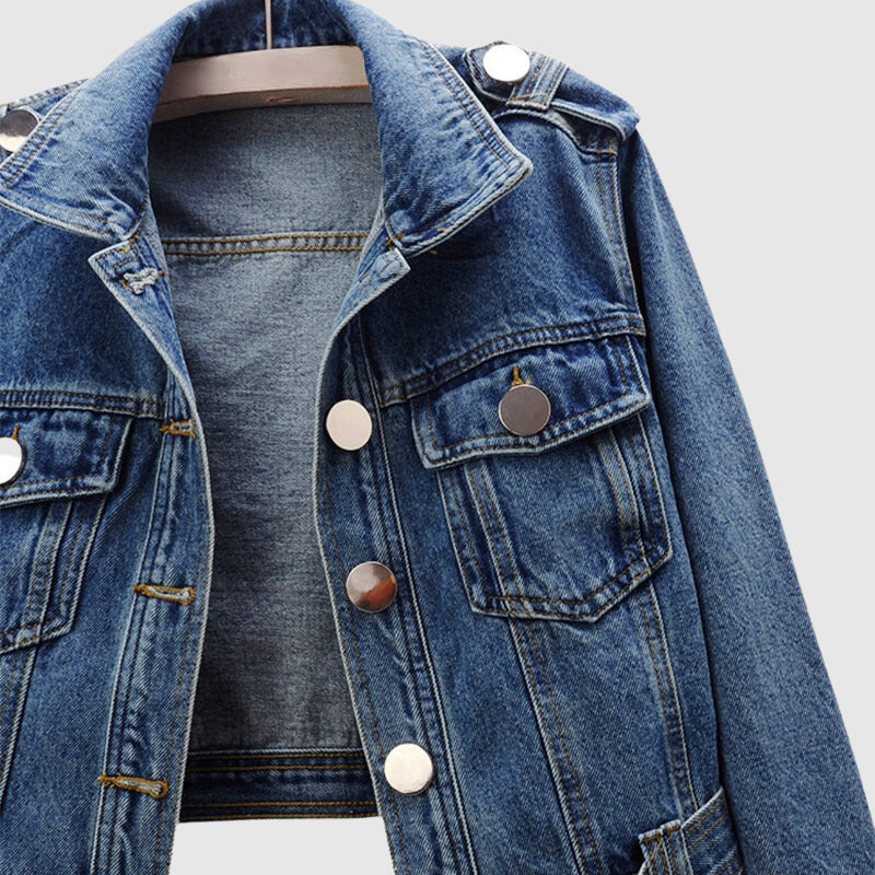 Cropped-Jacke für Damen aus umweltfreundlichem Bio-Denim mit Stehkragen und Knopftaschen – moderne Jacke für Damen 3