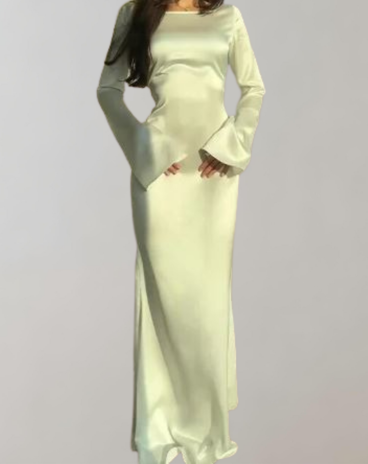 Damen-Abendkleid, langärmlig, bodenlang, aus glänzendem Polyester-1