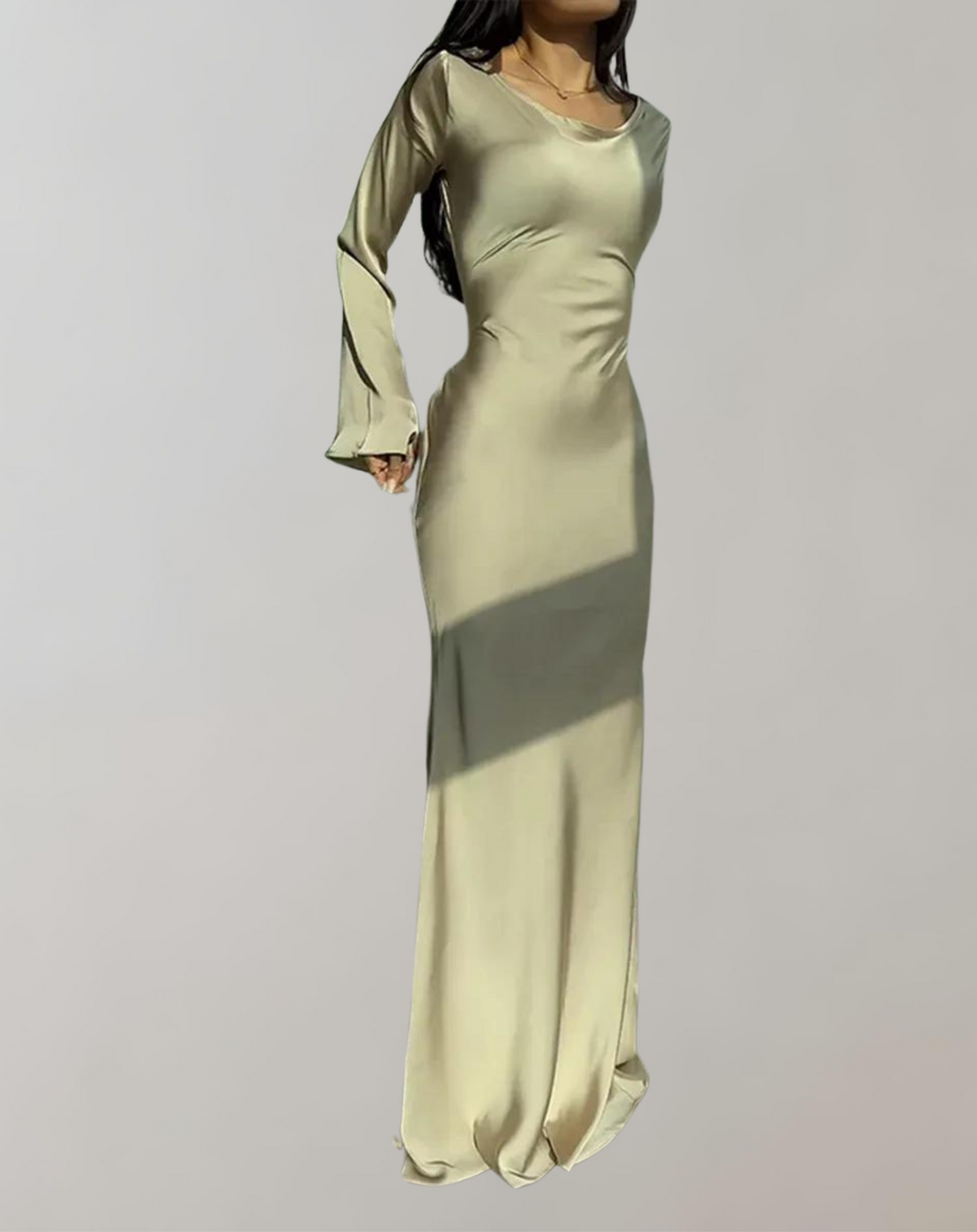 Damen-Abendkleid, langärmlig, bodenlang, aus glänzendem Polyester-2