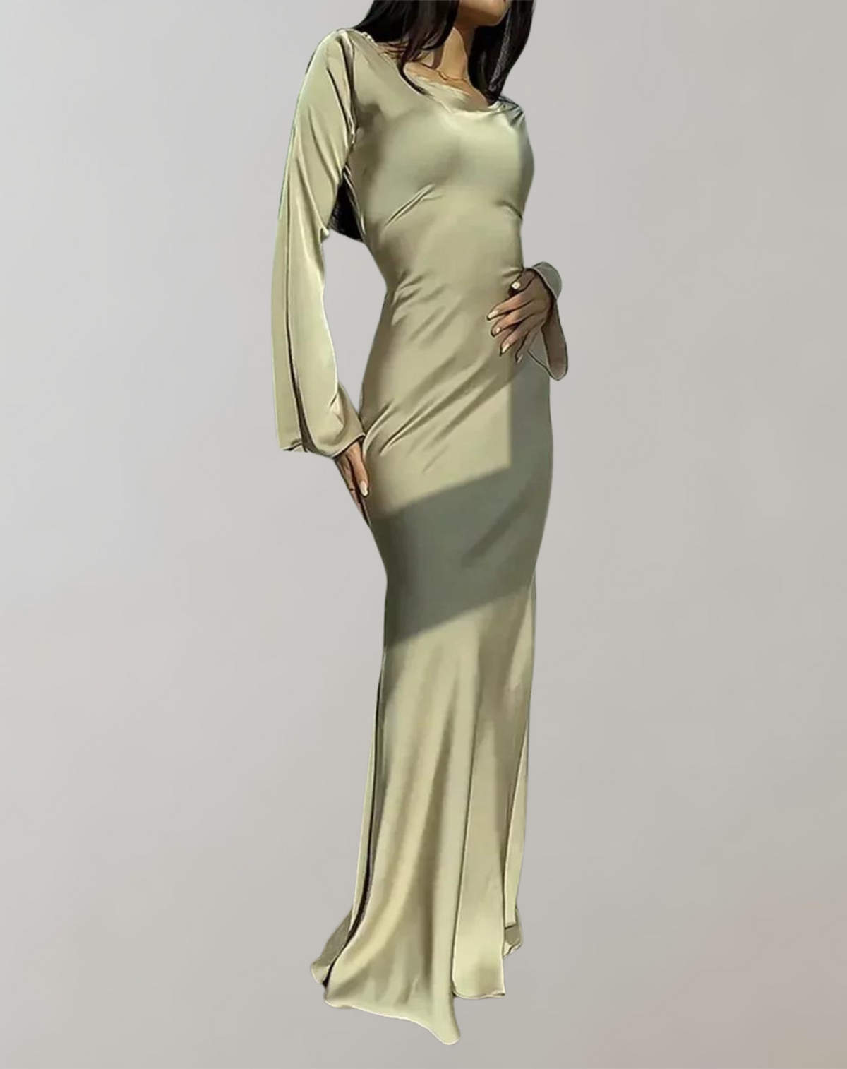 Damen-Abendkleid, langärmlig, bodenlang, aus glänzendem Polyester-4