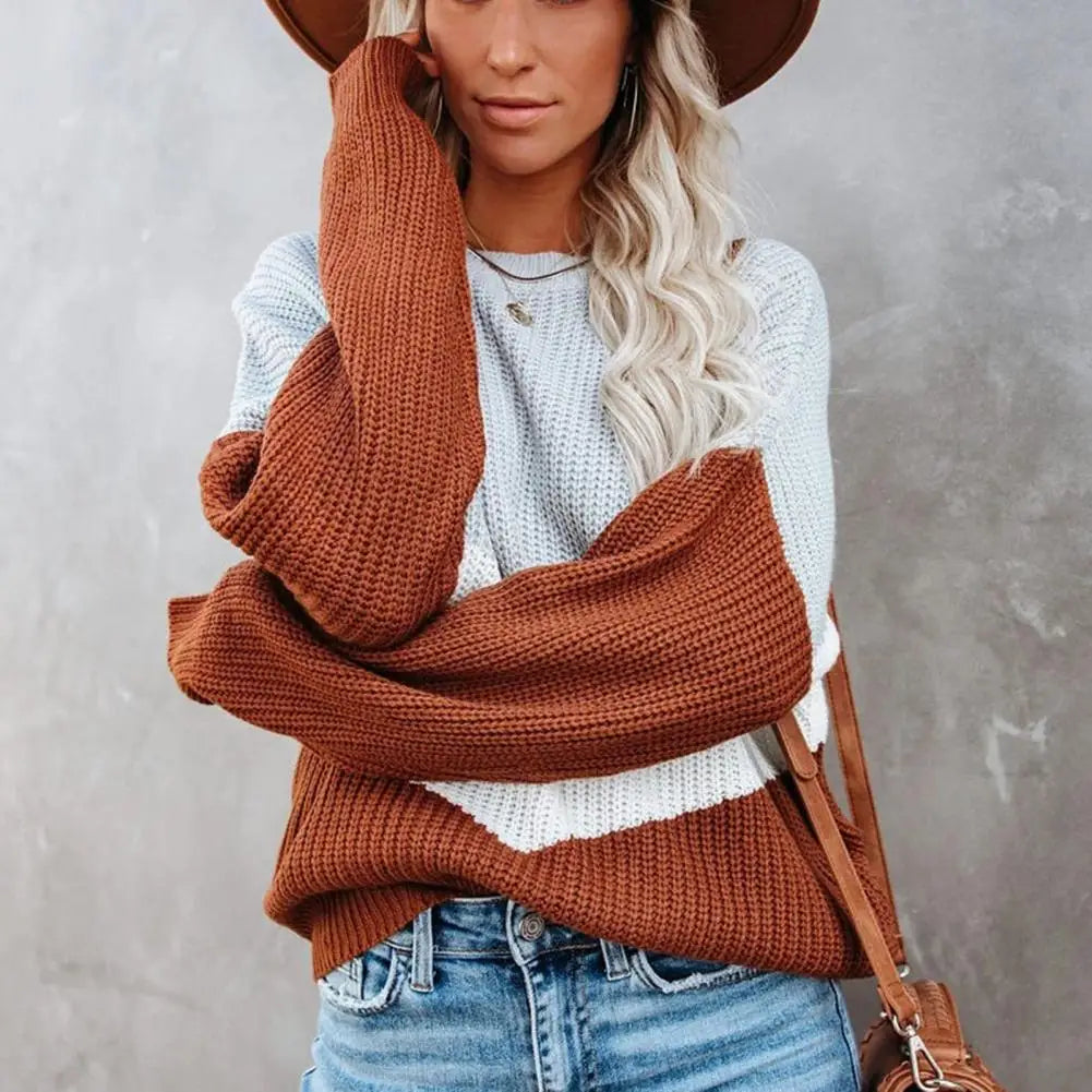 Variant image for Damen-Farbblock-Strickpullover, runder Ausschnitt, weich, lässige Passform-1