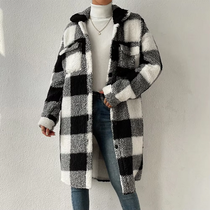 Damen-Mantel, lang, kariertes Muster, weicher Stoff 5