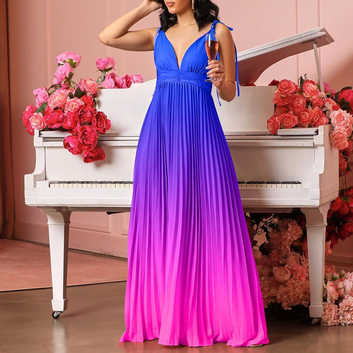 Damen-Maxikleid, V-Ausschnitt, leichter Stoff 0