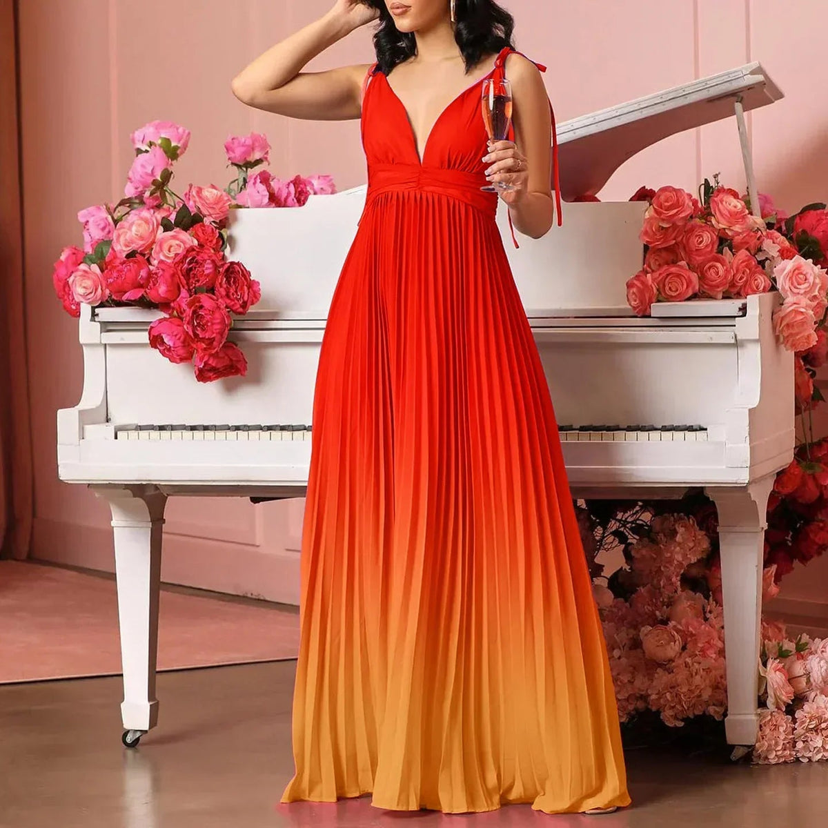 Damen-Maxikleid, V-Ausschnitt, leichter Stoff 1