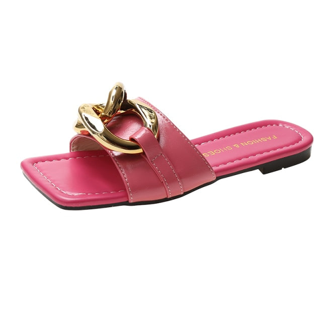 Damen-Sandalen, Ketten-PU-Material, flache Sohle 0