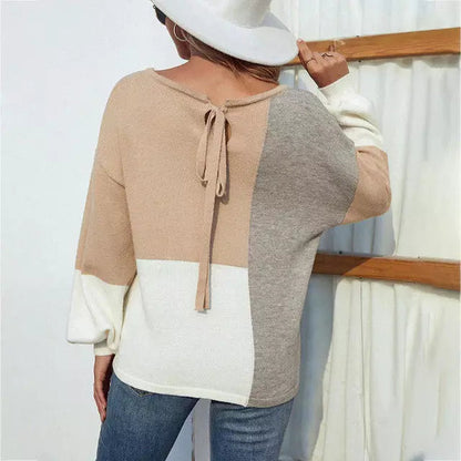 Damen-Pullover, Ballonärmel, kontrastierende Farbe, Baumwolle 3