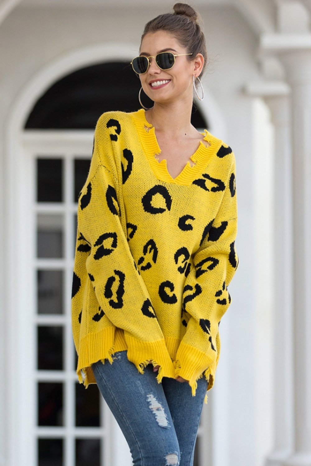 Damen-Pullover, mit V-Ausschnitt langärmeliges Acryl und Baumwolle, leopardenmustrig 1