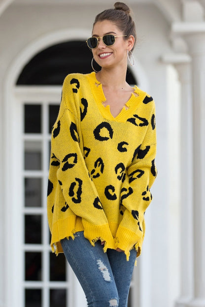 Damen-Pullover, mit V-Ausschnitt langärmeliges Acryl und Baumwolle, leopardenmustrig 1